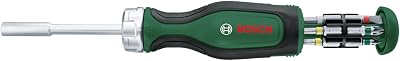 Tournevis à cliquet avec 12 embouts Bosch (tournevis à cliquet à couple élevé pour vissages exigeants ; magasin d’embouts amovible ; porte-embout magnétique) – Amazon Edition Vert