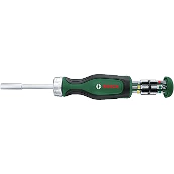 Bosch Ratchet Screwdriver with Bit Magazine, 12 Pieces (High Torque Ratchet Screwdriver; 12 Bits Included in Integrated Bit M