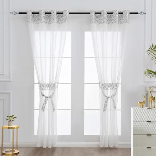 L.Z.E White Sheer Curtains 84 Inches Long 2 Panels Set, Elegant Silver Patterned Curtains for Living Room Dining Room, Light Filtering Linen Textured Grommet Window Drapes with Design