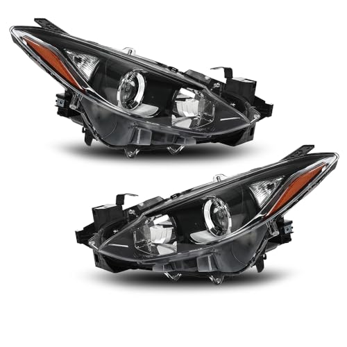 G-PLUS Projector Headlights Assembly Front Headlamp Pair,Compatible with Mazda 3 2014-2016 BPW1510K0, BPW1510L0, MA2503144, MA2502144,Clear Lens Black Housing Amber Reflector Left & Right