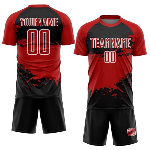Custom Black and Red Soccer Jerseys for Men Boys Personalized Splash Pattern Soccer Team Uniform Stylish Football Shirts Shorts Adults Youth Kids Sports Fan Jersey Set for Games Competition Party
