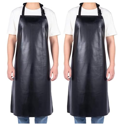 2 Pack Waterproof Rubber Black Vinyl Apron for Men 39" Lightweight Chemical Resistant Industrial Work Apron Adjustable Plastic Aprons for Dishwashing Butcher Dog Grooming Lab Work Fish Cleaning