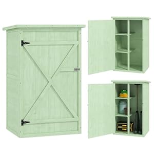 Outsunny Gartenschrank Holz, Geräteschuppen wetterfest 75x56x115cm, Gerätehaus mit Tür, Böden, Geräteschrank, Gartenhaus Werkzeugschrank Gartenschuppen für Garten, Terrasse, Hinterhof, Rasen, Grün