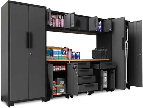 Image of Torin Garage Cabinets Storage System, 9-Pcs Workshop Cabinet Set in Black | Included Steel Drawers Rolling Chest,Locked Storage Cabinet, Perfect for Organizing Garage and Tools, Black /Grey