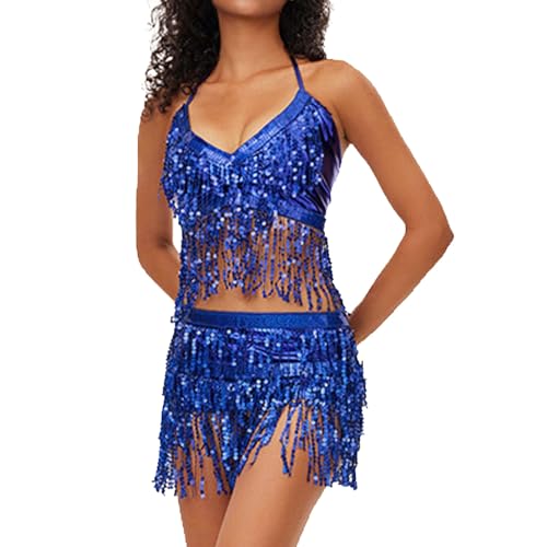 Générique Haut à Paillettes pour Femme Jupe à Paillettes Costume de Danse du Ventre Ensemble Brillant Robe de Danse Femme Tenue Rave pour Halloween Noël
