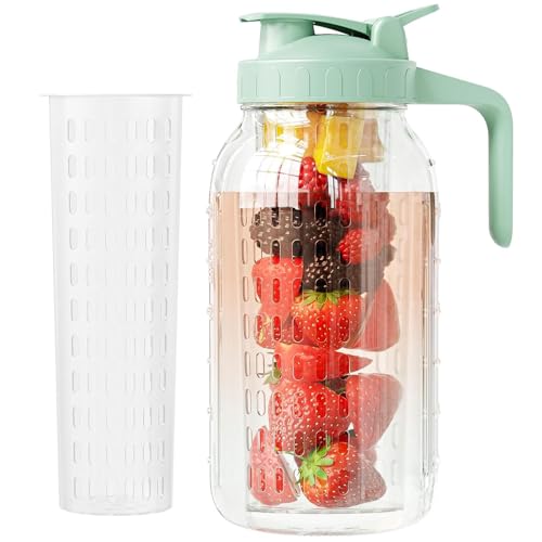 JunVpic Glass Mason Jar Pitcher, 64oz (2 Quart) Wide Mouth Jug with Dual Leak-Proof Pour Spout, Handle Lid for Fruit Drinks, Cold Brew Coffee, Ice Beverage, Iced Juice, Lemonade, Sun Tea Container