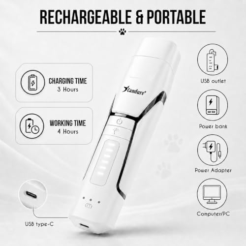 Image of Candure Whisper Quiet Dog Nail Grinder with 360 Degree LED Light, 6-Speed Rechargeable Pet Nail Trimmers with Extra Grinding Head for Safe, Stress-Free Grooming for All Pet Sizes (White)