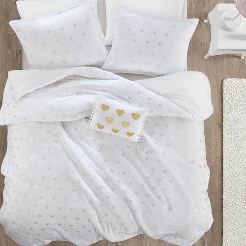 Image of Intelligent Design Queen Comforter Set, 4 Piece Metallic Hearts Bedroom Set for Girls, Queen Bed Set Soft Plush Comforter, Rosalie All Season Fluffy Bedding Set, Full /Queen, White /Gold 4 Piece