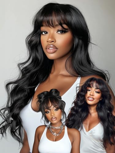 Image of KLAIYI Fluffy Body Wave Curtain Bang Wig Bye Bye Knots Glueless Pre Cut 7x5 Lace Front Wigs Human Hair Loose Wave Pre Bleached Pre Plucked Pre Everything 3S Easy to Wear and Go Wig 180% Density 26Inch