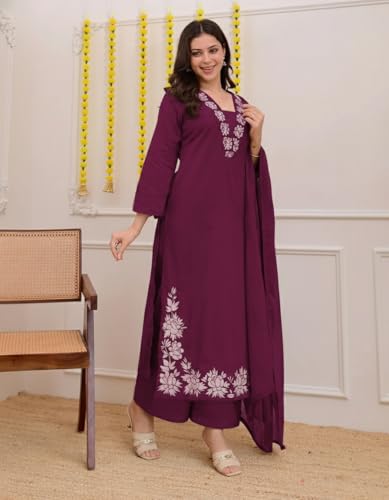Image of ANNI Designer Pure Cotton Embroidered Kurta Set for Women | Rust Orange Kurta with Pants & Dupatta | Floral Neck & Hem Embroidery | Cotton Kurta Set for Women | 10 Colour Options Available