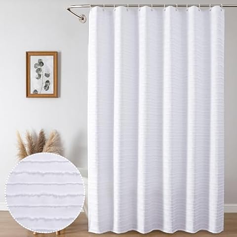 Aiyufeng Extra Long White Tufted Shower Curtain 72x84 Inches, Modern Farmhouse Boho Striped Minimalist Soft Shower Curtains for Bathroom, White Cloth Shower Curtain with 12 Hooks Cover