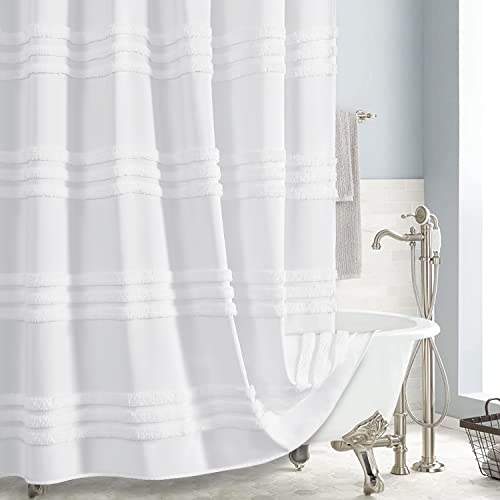 Dynamene White Fabric Shower Curtain, Tufted Chenille Striped Textured Cloth Shower Curtain For Bathroom, Modern Farmhouse Shabby Chic Waterproof Shower Curtain Set With Hook, Machine Washable, 72X72 #TOP10