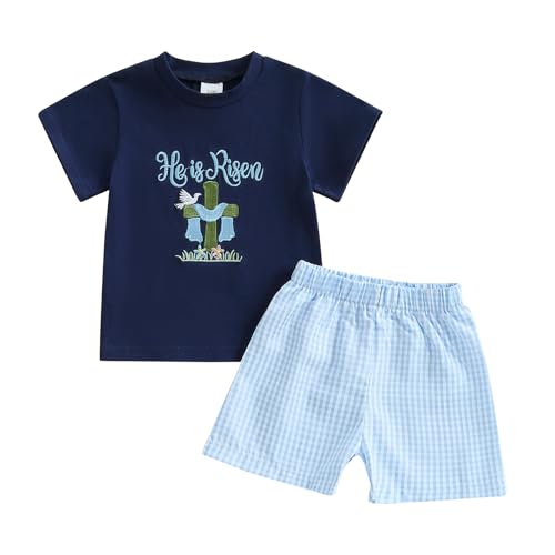 Toddler Baby Boy Easter Outfit Bunny/Cross Short Sleeve Shirt Tee Plaid Shorts Easter Summer Clothing Set (He is Risen Navy,12-18 Months)