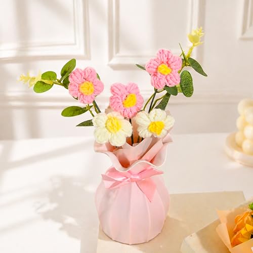Image of Art Street Handmade Crochet Flower Vase | Pink & White Knitted Artificial Flowers with Green Leaves | Decorative Pink Vase with Ribbon for Home Decor, Birthday, Anniversary