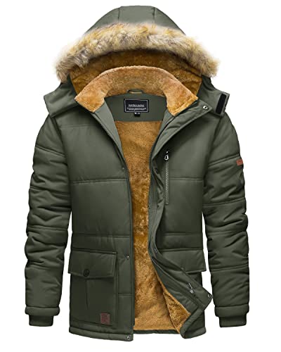 TACVASEN Men's Winter Coats with Hood Tactical Military Snow Jackets Windbreaker Fleece Hiking Parka Green