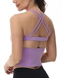 romansong Workout Tops for Women High Neck Strappy Cross Back Yoga Vests Longline Padded Cut Out Sexy Workout Tank Tops Purple