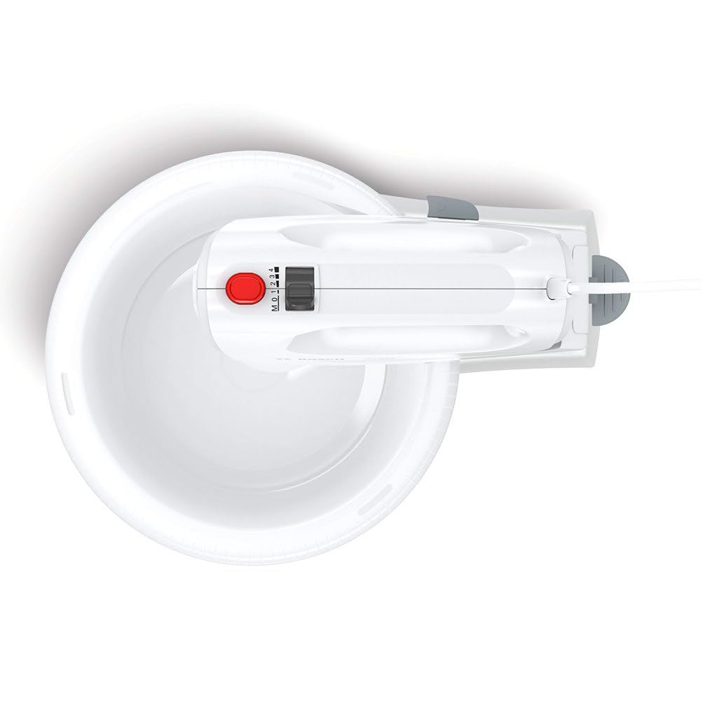 Bosch Hausgeräte MFQ2600W CleverMixx Handrührer, 375 Watt, Schüssel mit Geräteständer, 4 Stufen, weiß/rot