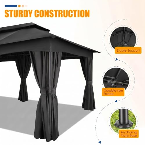 Image of COBIZI 12x20 FT Gazebo Outdoor with Curtains, Heavy Duty Soft Top Gazebo Canopy with Double Roof, Large Metal Frame Gazebos for Patio, Backyard and Deck (Black)