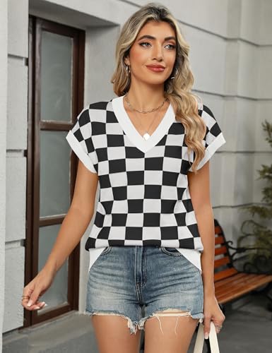 Image of LOMON Womens Summer Cap Sleeve Sweater Vest Casual V Neck Knit Short Sleeve Plaid Pullover Sweaters Loose Fit Work Tops