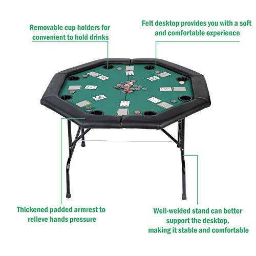 KARMAS PRODUCT Poker Table Folding Texas Holdem Casino Leisure Game Octagonal Table with Cup Holder 8 Player -Green