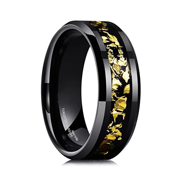 King Will NATURE Mens 8mm Black Tungsten Carbide Wedding Ring Black and Gold Foils Inlay Beveled Edge Polished Finish Wedding Band 10