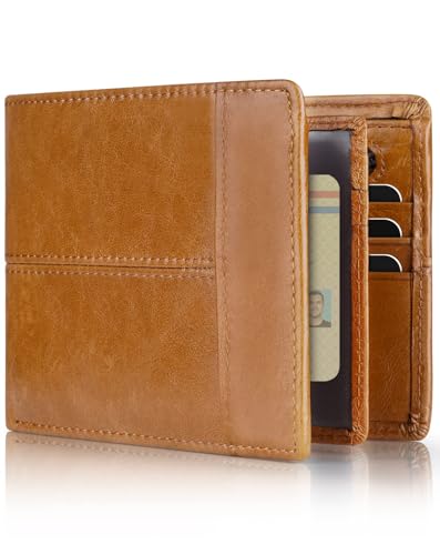 Swallowmall Mens Wallet RFID Genuine Leather Bifold Wallets For Men, ID Window 16 Card Holders Gift Box, Tan
