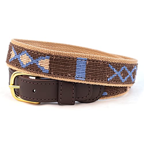 A Tail We Could Wag Cotton & Leather Belt - Handmade Guatemalan Cotton Weave with Colorful Patterns & Solid Brass Buckle | Block Island | Coffee, 36