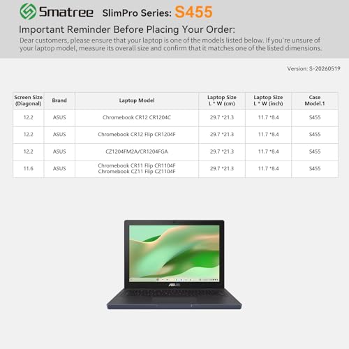 Image of Smatree SlimPro Laptop Case for 12.2 inch ASUS Chromebook CR12 CR1204C | Compatible for ASUS CZ1204FM2A /CR1204FGA, for Chromebook CR11 Flip CR1104F /CZ11 Flip CZ1104F, Case (S455)
