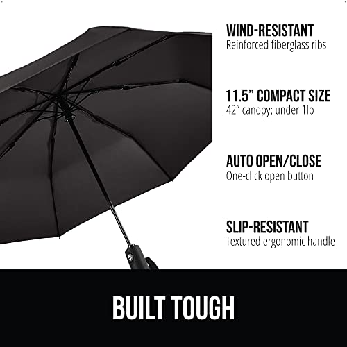 Gorilla Grip Compact Travel Umbrella For Rain, Windproof Reinforced Fiberglass Ribs, Coated, Portable, One-Click Automatic Open And Close, Collapsible And Lightweight Small Umbrella, 42 Inch, Black #TOP1