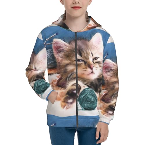 Playful Cat Kids Pullover Hoodies Boys Zip Up Sweatshirts Girls Athletic Clothes with Pocket3