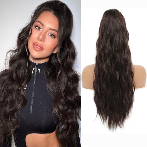 BOSDIOS Ponytail Extension,24 Inch Drawstring Ponytail Hair Extensions for Women Dark Brown Long Wavy Clip in Pony tails Hair Extensions Natural Fake Hair Synthetic Hair pieces for Women