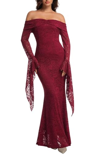 Image of Cercis Womens Off Shoulder Lace Maxi Wedding Dress Boho Flowy Wedding Guest Formal Long