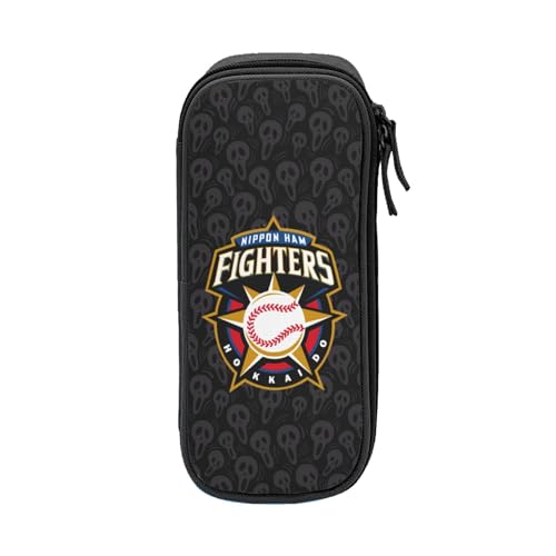 For 北海道日本ハムファイターズ ペンケース 筆箱 2層 文具ポーチ 大容量 おしゃれ 学生用 大人 通学 通勤 多機能 誕生日 Black