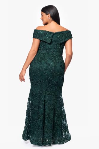 Image of Xscape Women's Plus Size Off The Shoulder Sequin & Lace Overlay Evening Gown with Sweetheart Neckline, Sheath Formal Dress, Hunter Green, 20W