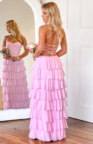 RSOETOO Chiffon Bridesmaid Dresses Long Spaghetti Straps Tiered A-Line Formal Evening Party Gowns with Slit RO3642