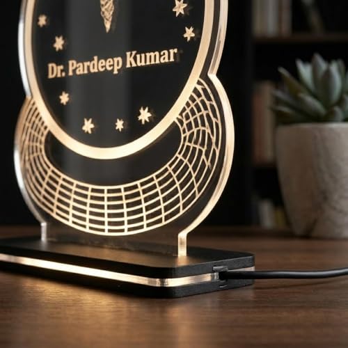 Image of Acrylic Laser Engraved Table Sign Stand For Doctor, For Dentist, For Advocate, For Lawyers, For Teacher, For Office, Acrylic LED Name Plate Signage 6 x 7 inch (Round Name Plate)