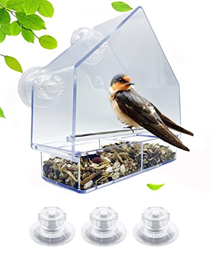 MiaoMa Mangeoire à oiseaux pour fenêtre avec ventouse extra forte pour petits oiseaux, en acrylique transparent en forme de maison avec bac à graines amovible et trous de drainage Cover