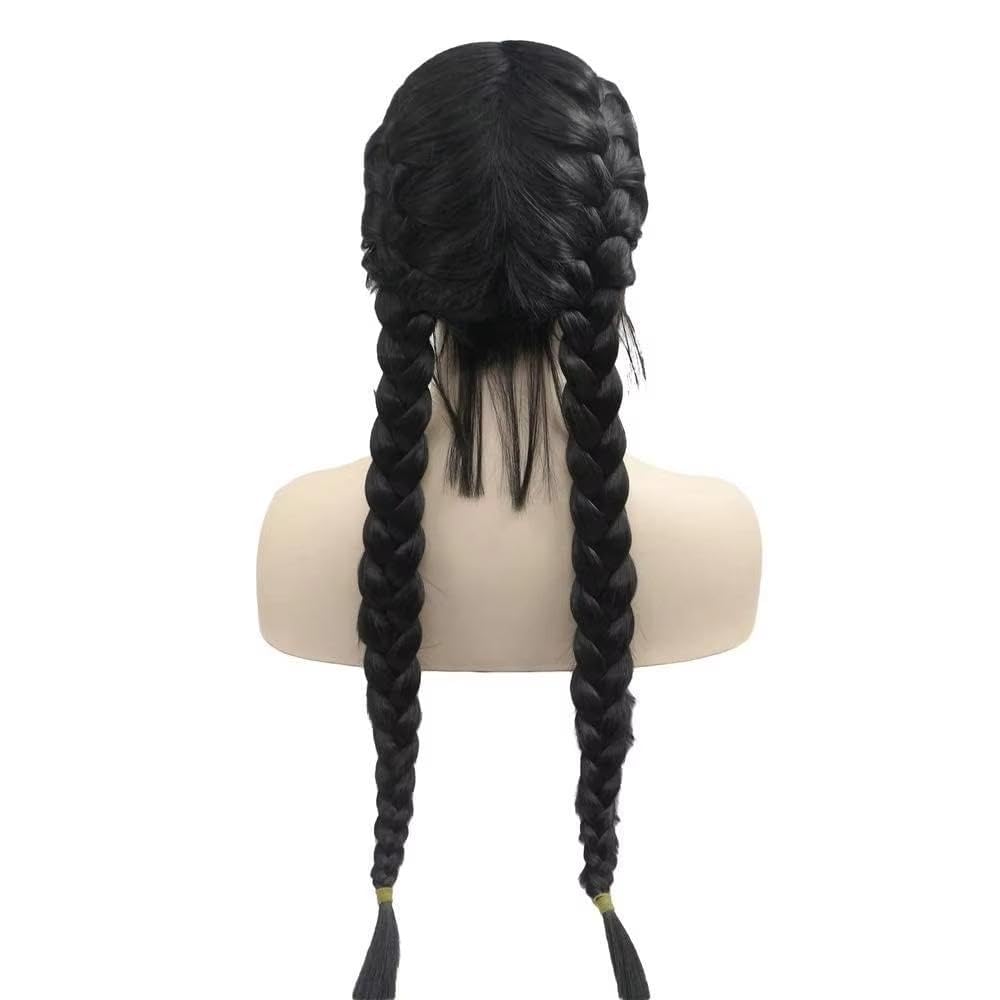 Haarpflege 24 Zoll Schwarze Doppelgeflecht-Mittelteil-Lace-Front-Perücke Für Frauen Hitzebeständige Faser