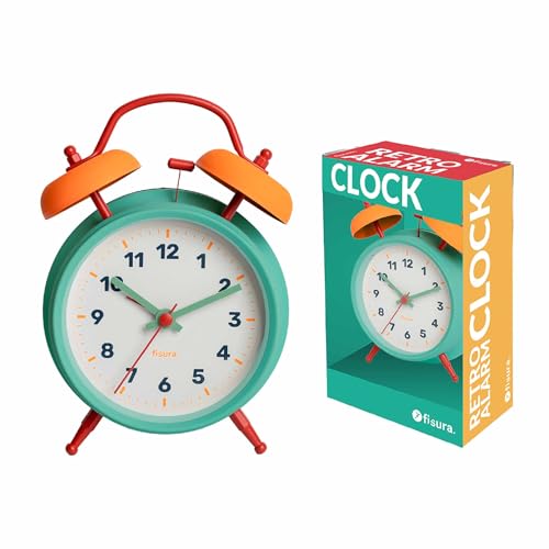 Fisura – Reloj despertador analógico multicolor sin tic-tac. Reloj despertador con luz de Led nocturna. Esfera 9 centímetros.11,7x5,5x16. Metal.