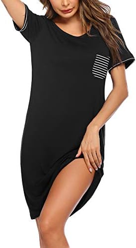 Ekouaer Sleepwear Women's Nightgown Short Sleeve Sleepshirt Casual Nightshirt-Black L