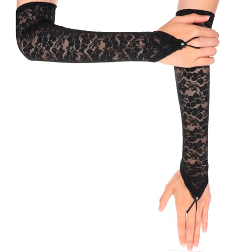 2 Pcs Black Lace Glove, Elegant Long Women Floral Lace Sleeves, Soft Delicate Long Fingerless Lacy Gloves, Portable Elbow Lacy Arm Sleeves for Dinner Wedding Opera Tea Cocktail Parties3