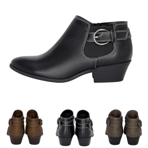 Chariot & Co: Kiki - Womens Western Chelsea Round Toe Ankle Boots - Adjustable Buckle Stacked Heel Booties