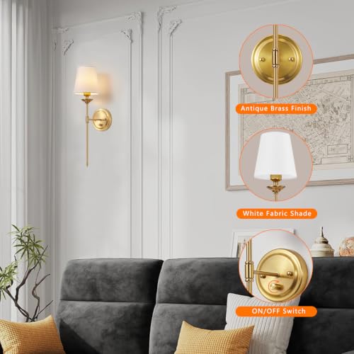 Image of Gold Wall Sconces Set of 2 Hardwired Dimmable Beside Wall Lamp with Switch Fabric Shade Bathroom Wall Light for Bedroom Living Room