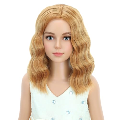 Image of PATTNIUM Strawberry Blonde Wig for Kids Child Short Curly Wavy Blonde Brown Wig Girl Side Part Shoulder Length Hair Synhhetic Wig