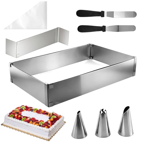 ZHUDALA Ensemble d'anneaux à gâteau rectangulaires réglables - Cadre de cuisson en acier inoxydable avec séparateur, spatule, sac à piping et buses -...
