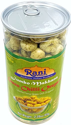 Image of Rani Jumbo Phool Makhana (Fox Nut /Popped Lotus Seed) Green Chilli Oregano Flavor 2.29oz (65g) Vacuum Sealed, Easy Open Top, Resealable Container ~ Indian Tasty Treats | Vegan | NON-GMO | Indian Origin