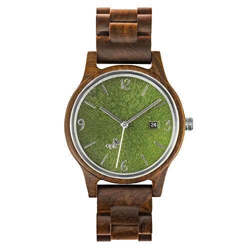 Opis UR-U1: Unisex (Damen/Herren) Retro Holz Armbanduhr aus Schwarzem Sandelholz mit einzigartigem, geprägten Ziffernblatt in Grün mit silbernen Metallelementen (Grün-Silber)