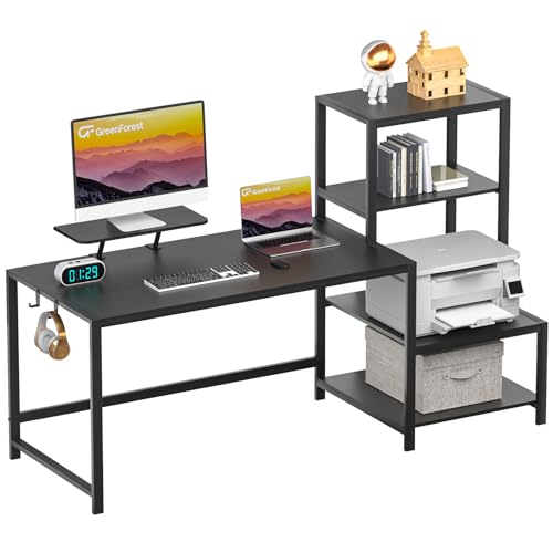 GreenForest Computer Desk 147 cm with Storage Printer Shelf Reversible Gaming Home Office Desk with Movable Monitor Stand and 2 Headphone Hooks for Study Writing PC Working, Black