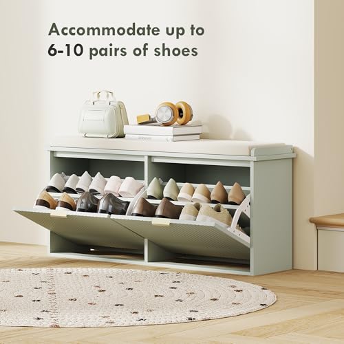 HOMCOM Shoe Bench with Padded Seat Cushion and Flip-Drawer, Shoe Cabinet Holds up to 240kg for Hallway, Entryway and Porch, 104x26x47.5cm, Green - Image 4