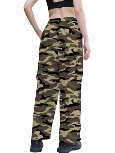 Image of Betusline Girls & Women's High Waist Wide Leg Cargo Pants Y2K Parachute Pants with Pockets and Drawstring 6 Years-Women 2XL